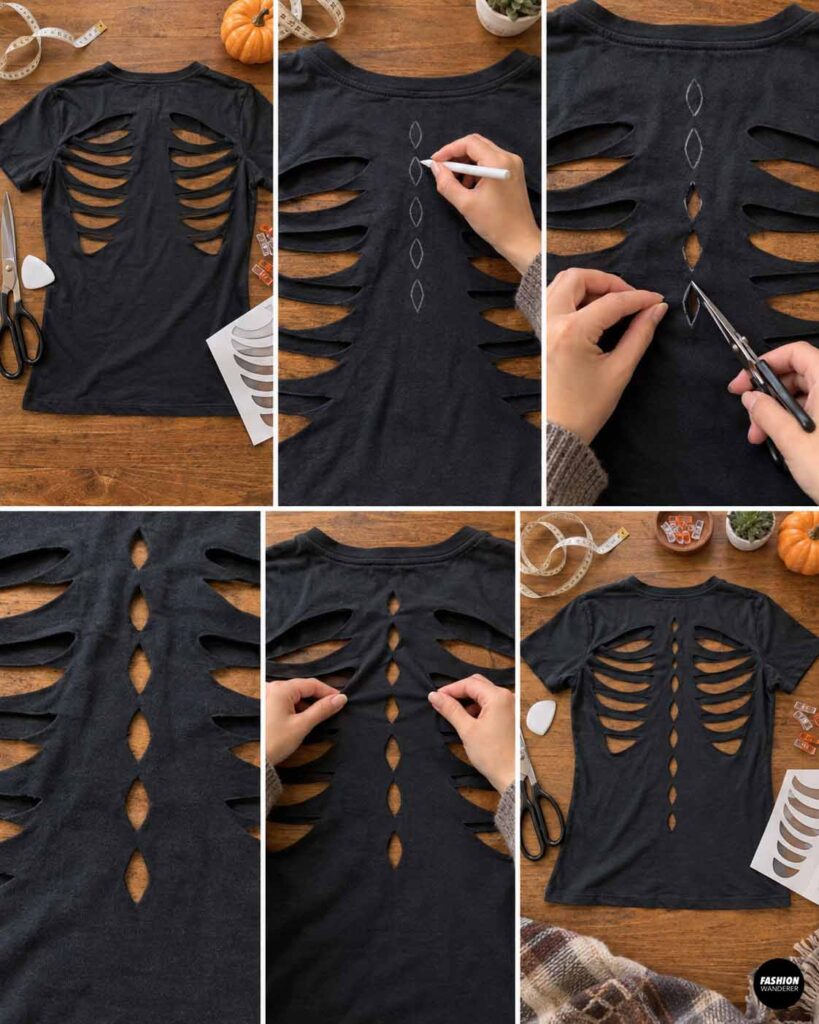 Black T-shirt with completed rib cutouts while small diamond-shaped openings are marked and cut down the center to form the skeleton spine.