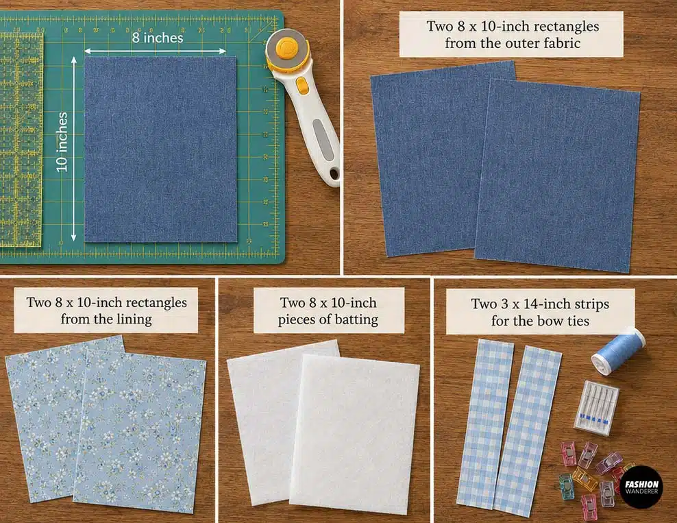 Fabric cutting guide for a DIY Kindle sleeve showing two 8 by 10 inch blue outer rectangles, two floral lining pieces, two batting pieces, and two gingham strips for the bow ties.