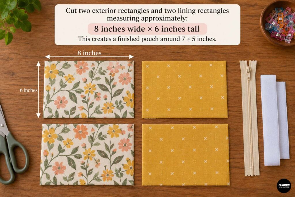 Floral exterior fabric and mustard yellow lining pieces cut into 8 x 6 inch rectangles for a handmade reusable snack pouch, with zipper and hook-and-loop tape nearby.