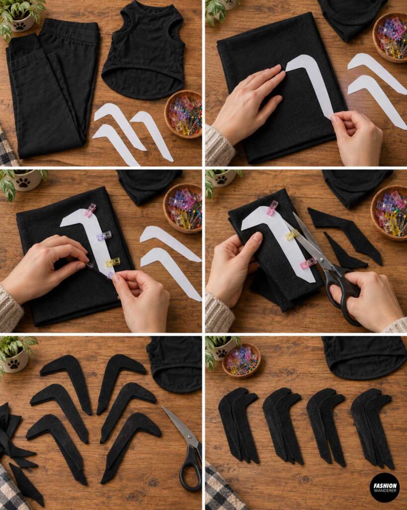 Collage showing paper spider-leg templates placed on black legging fabric, clipped in position, cut with scissors, and arranged into matching pairs for the costume.