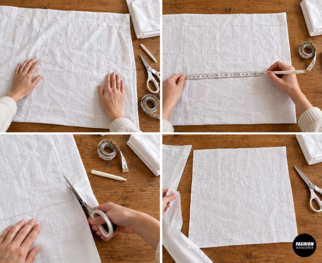 Four-panel tutorial showing white fabric laid flat, measured with a tape, marked to size, and cut into a rectangular costume piece for a DIY dog ghost costume.
