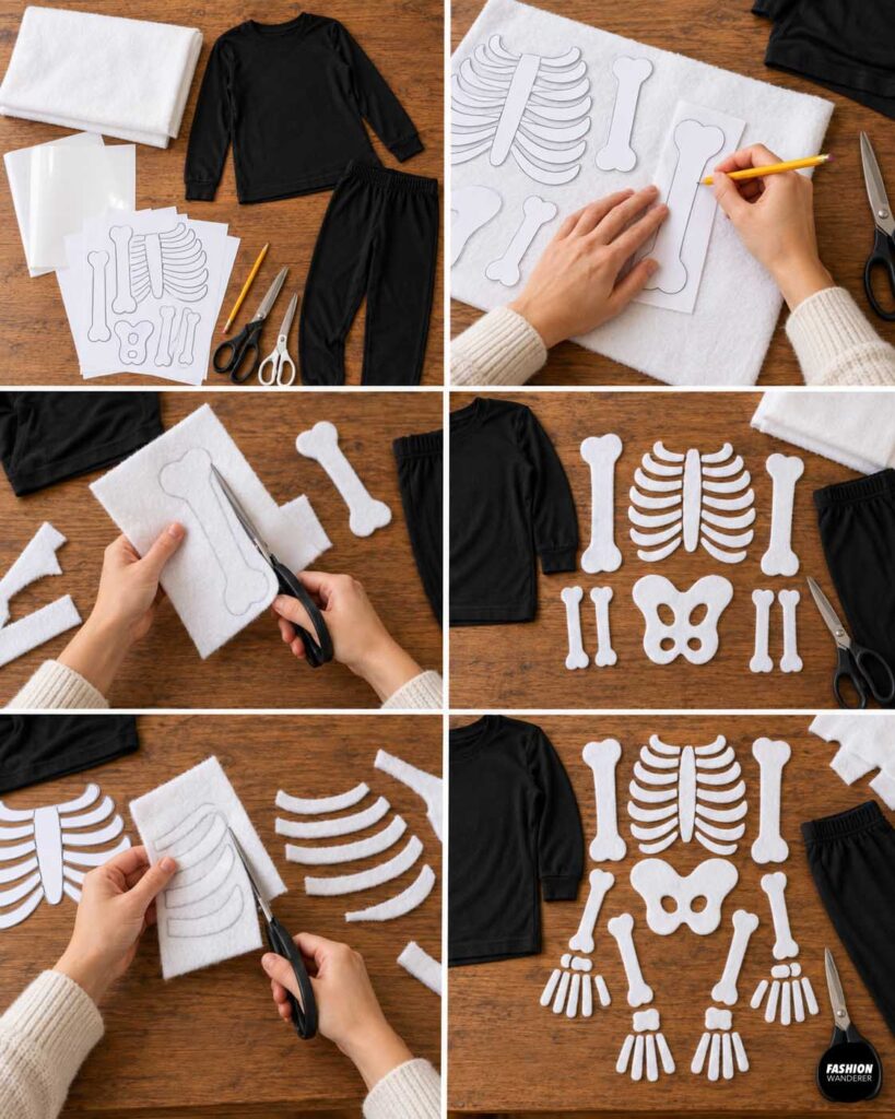 White felt or fleece is traced with paper bone templates and cut into ribs, arm bones, pelvis, leg bones, and smaller skeleton pieces for the costume.