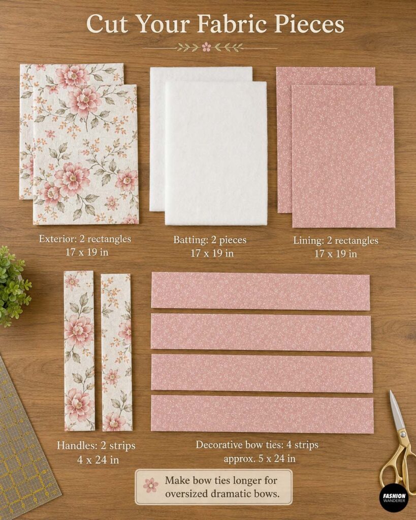 DIY quilted tote bag cutting guide showing floral exterior fabric, batting and lining cut into 17 by 19 inch rectangles, plus handle strips and four long fabric strips for decorative bows.