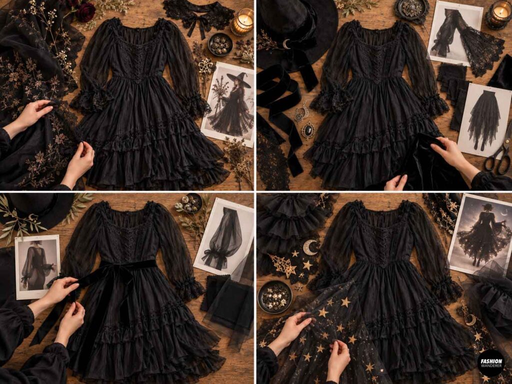 Black gothic dress surrounded by witch costume inspiration including lace, velvet ribbon, a witch hat, celestial fabric, jewelry, and style reference images.