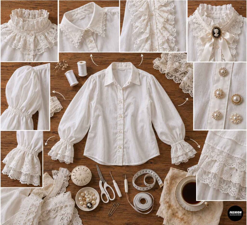 White button-up shirt surrounded by examples of lace collars, ruffles, puff sleeves, pearl buttons, and vintage embellishments for planning a Victorian-style blouse makeover.