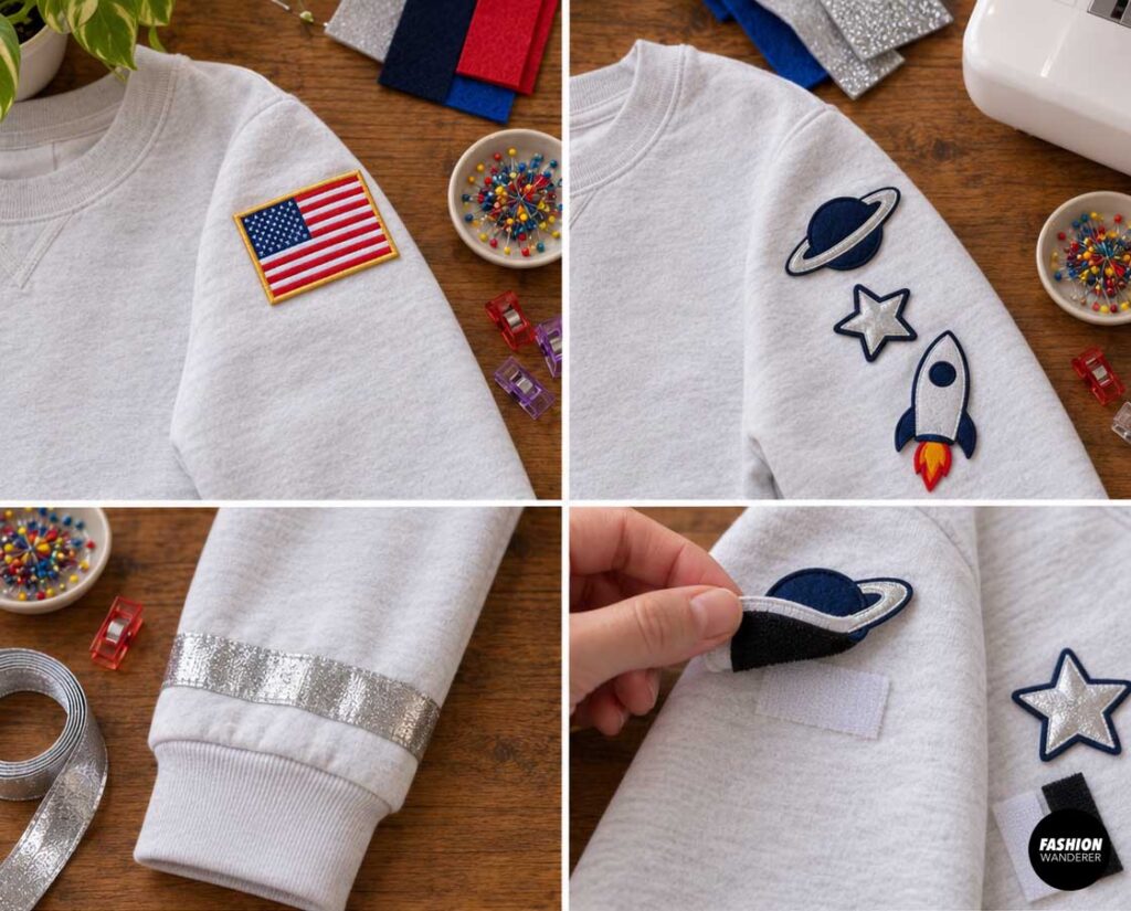 Four-photo collage showing astronaut sweatshirt sleeve decorations with an American flag patch, planet, star and rocket patches, reflective silver trim, and removable hook-and-loop patch attachment.