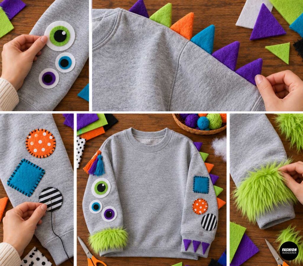 Collage showing monster eyes, colorful patches, striped circles, tassels, faux fur, and felt accents being arranged and hand stitched onto the sweatshirt sleeves.
