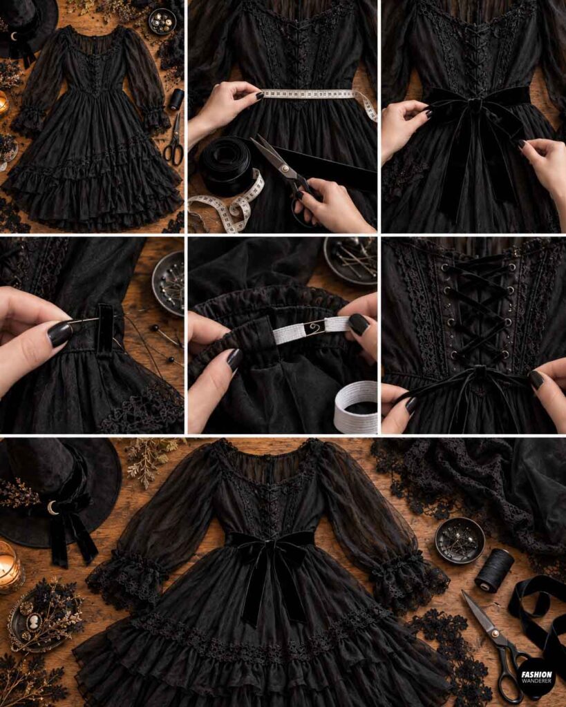 Black gothic witch dress styled with a wide velvet waist ribbon and large bow, with close-up views of measuring and attaching the waist details.