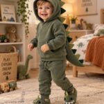 Toddler wearing a green hoodie and matching sweatpants transformed into a dinosaur costume with fabric spikes down the hood and back, a long stuffed tail, and dinosaur slippers in a cozy kids&rsquo; bedroom.