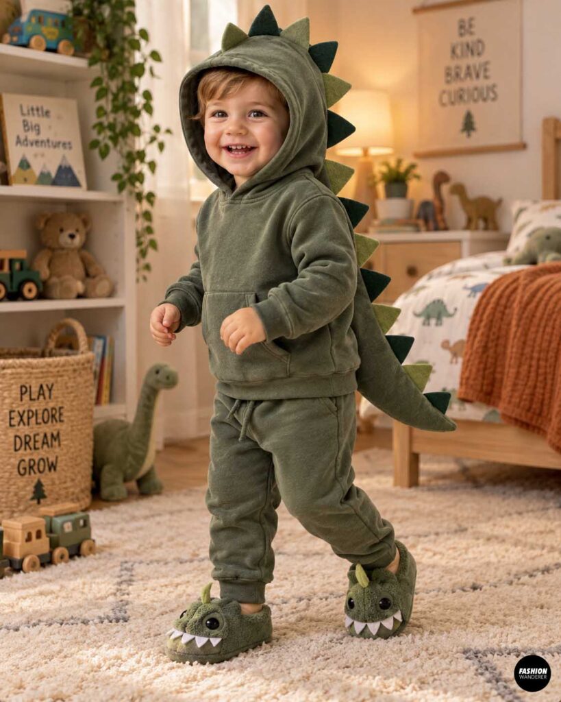 Toddler wearing a green hoodie and matching sweatpants transformed into a dinosaur costume with fabric spikes down the hood and back, a long stuffed tail, and dinosaur slippers in a cozy kids&rsquo; bedroom.
