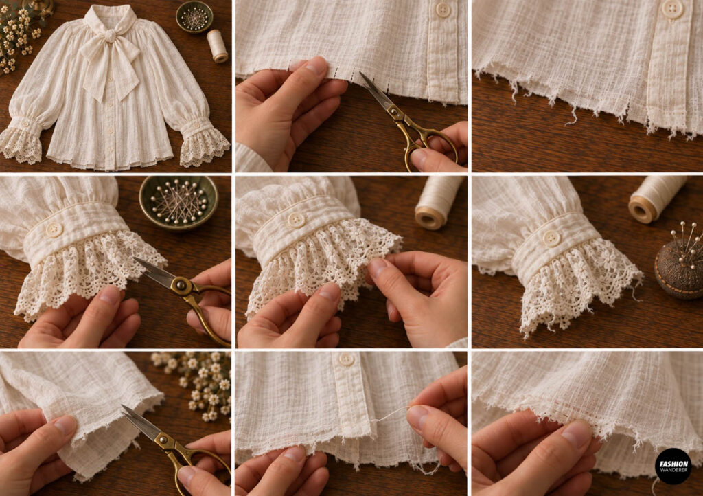 Victorian ghost shirt distressing tutorial showing small cuts and frayed edges added to the hem and lace cuffs for a worn, haunted vintage appearance.