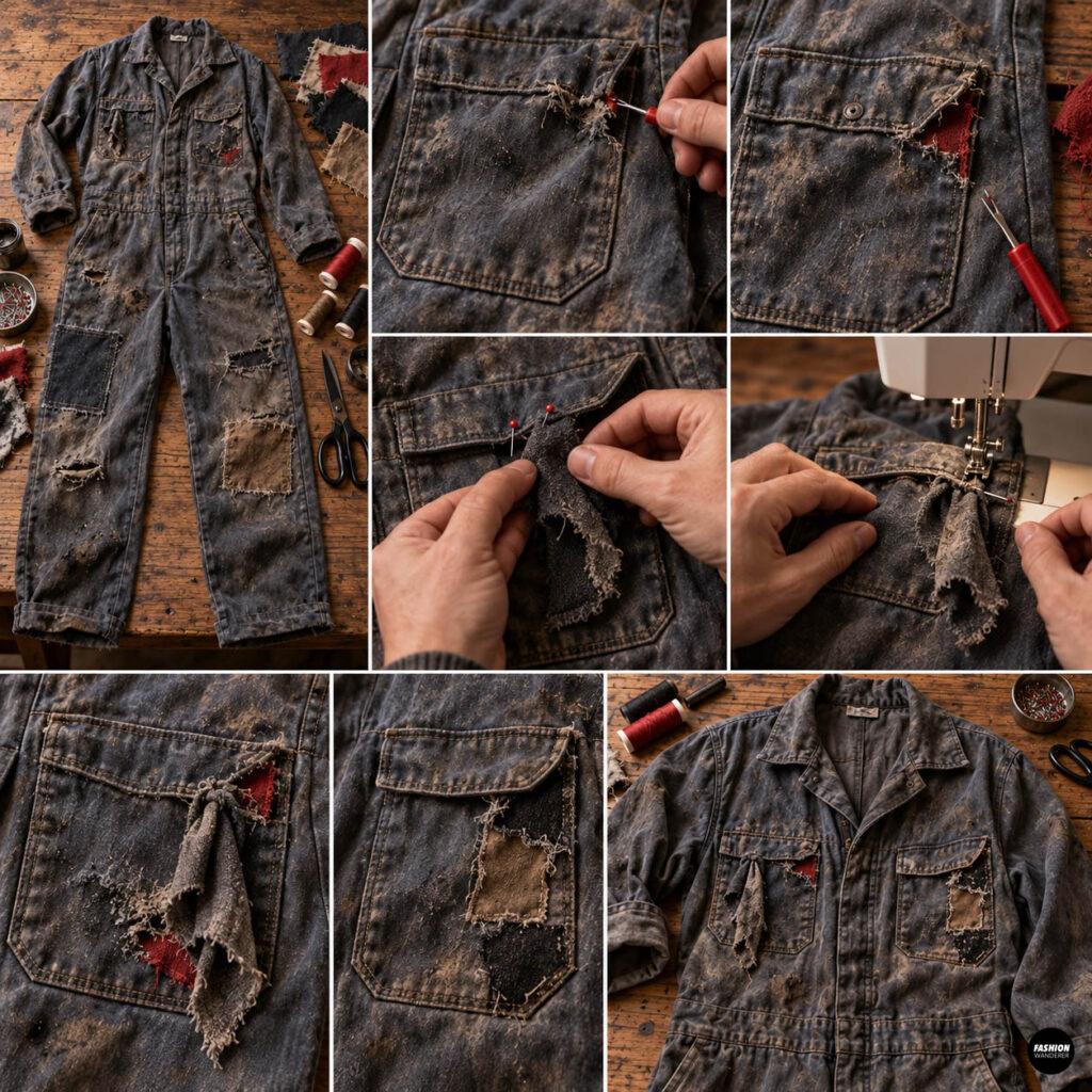 Step-by-step collage showing how to fray, tear, patch, and rough up mechanic jumpsuit pockets to create a worn zombie workwear look.