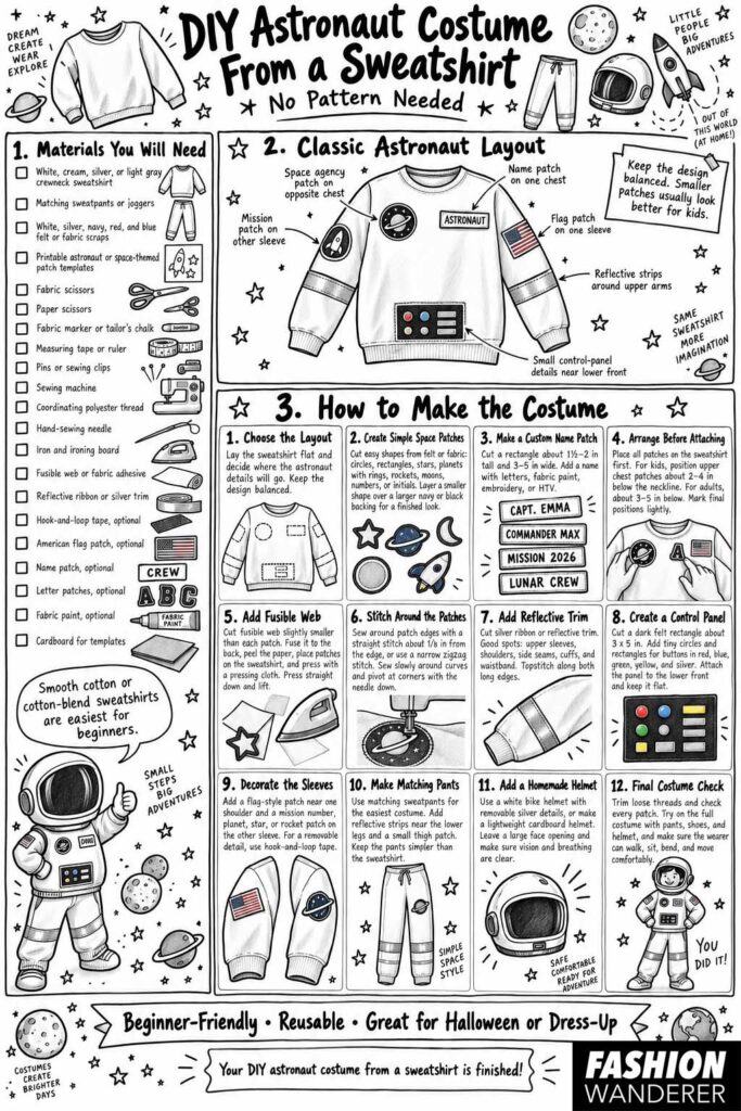 DIY astronaut costume from a sweatshirt infographic showing materials, patch placement, reflective trim, control panel, homemade helmet, and beginner-friendly step-by-step instructions.