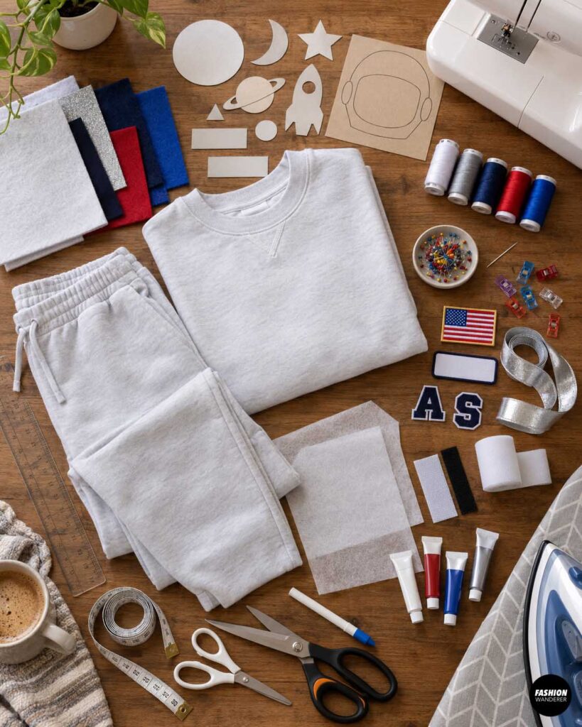 Materials for a DIY astronaut sweatshirt costume arranged on a wood table, including a white sweatshirt, sweatpants, felt, space patch templates, thread, scissors, reflective silver trim, hook-and-loop tape, fabric paint, and sewing supplies.