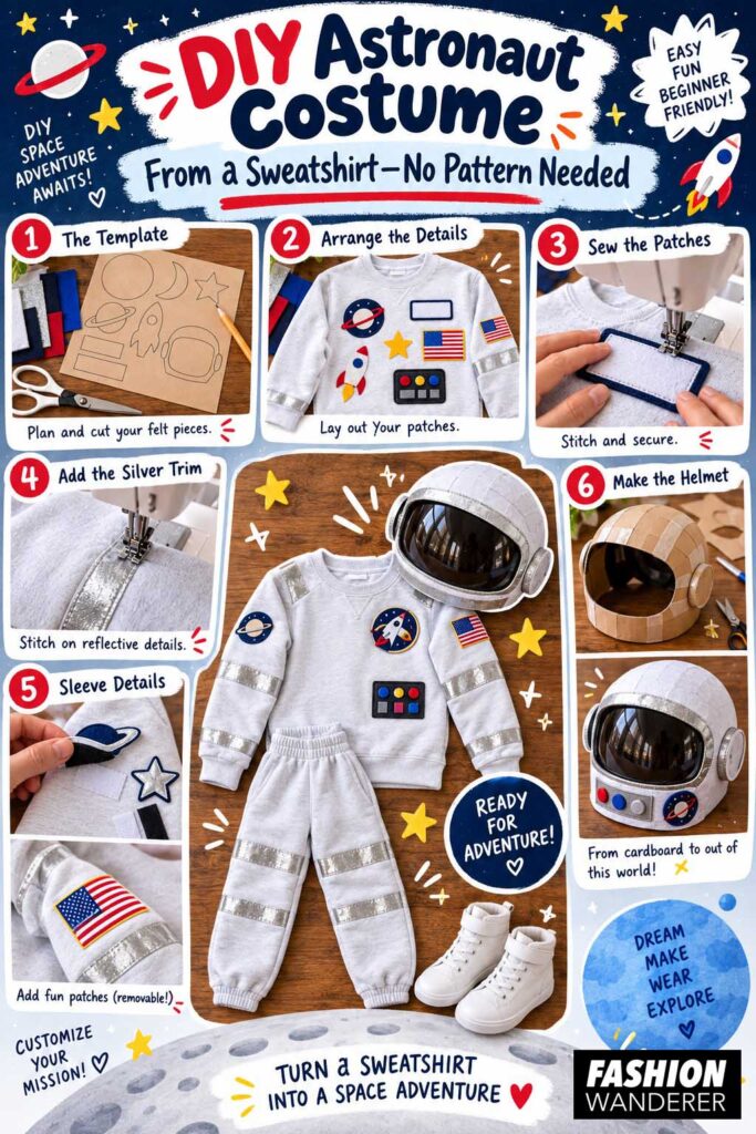 DIY astronaut costume from a sweatshirt Pinterest tutorial showing felt space patches, sewing reflective trim, sleeve decorations, a homemade cardboard helmet, and the finished white astronaut outfit.