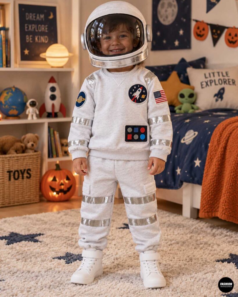 Young child wearing a white astronaut-inspired sweatshirt and pants with silver trim, space patches, control panel details, and a large astronaut helmet in a space-themed Halloween bedroom.