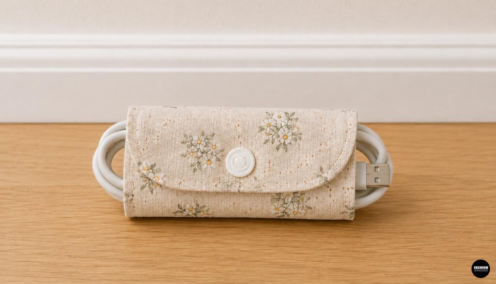 Handmade fabric cord organizer with snap closure holding a USB cable, an easy scrap fabric sewing project for organizing charging cords.