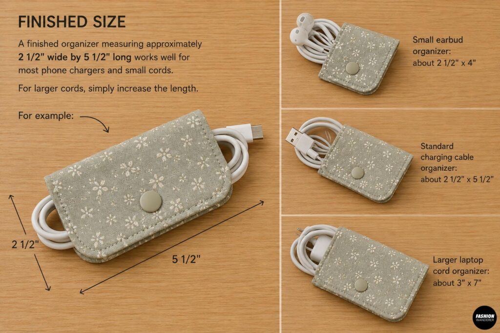 DIY fabric cord organizer finished size guide showing small earbud, standard charging cable, and larger laptop cord organizer dimensions with snap closures.