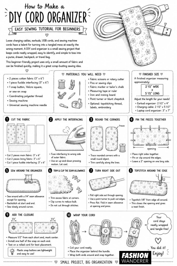 Beginner-friendly DIY cord organizer sewing tutorial infographic with materials, finished measurements, and 10 illustrated steps for making a fabric cable holder.