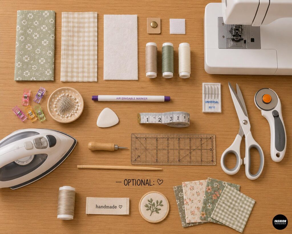 Flat lay of supplies for sewing a DIY fabric cord organizer, including cotton fabric, fusible interfacing, snaps, thread, sewing machine, scissors, rotary cutter, ruler, iron, pins, clips, and marking tools.