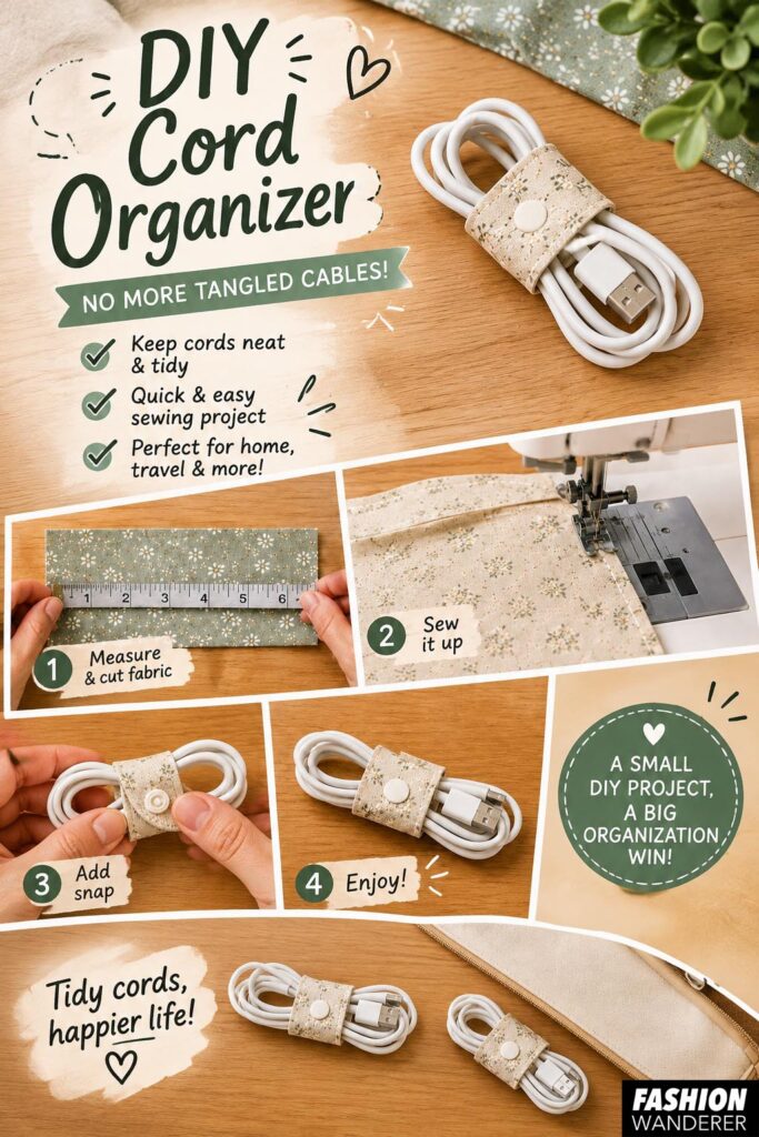 DIY fabric cord organizer sewing project showing how to measure, sew, add a snap, and wrap charging cables for easy home and travel organization.