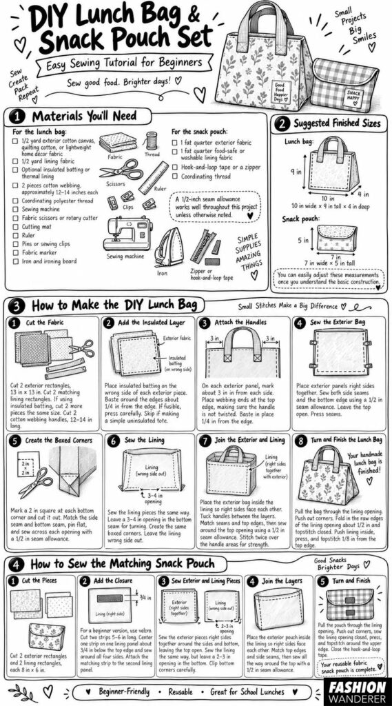 Black-and-white beginner sewing infographic showing materials, finished sizes, and step-by-step instructions for making a reusable fabric lunch bag and matching snack pouch.