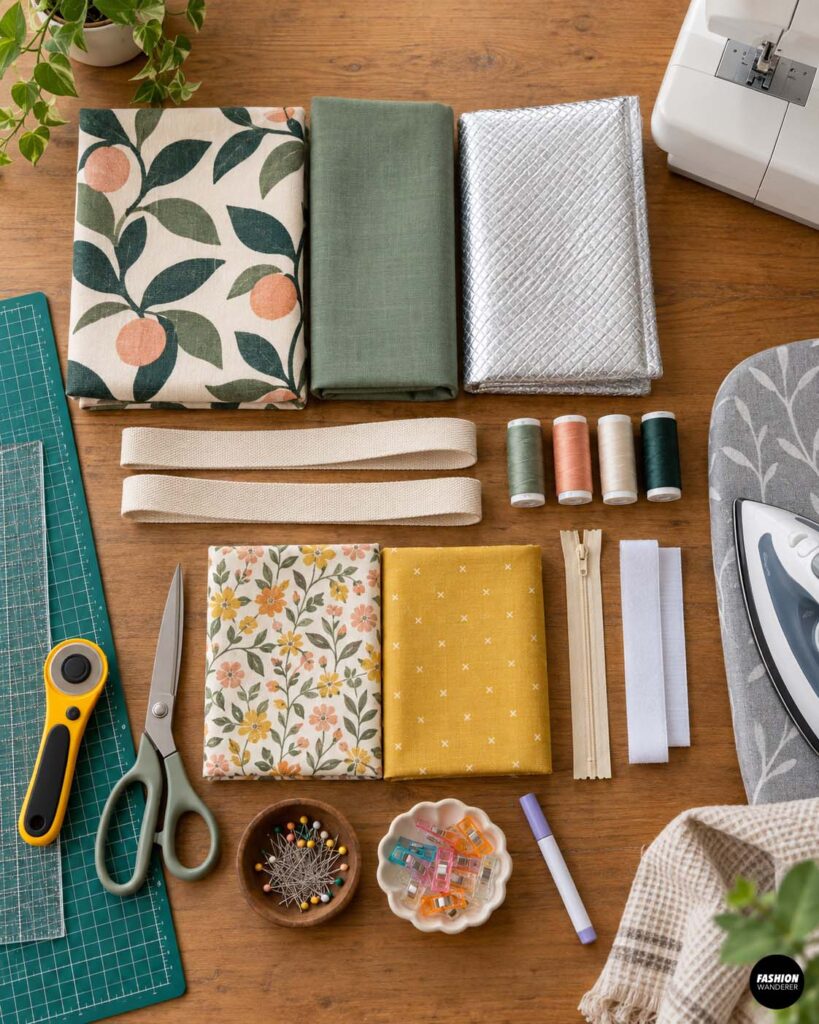 Flat lay of DIY insulated lunch bag and snack pouch sewing supplies, including citrus print fabric, green lining, insulated batting, cotton webbing, thread, zipper, hook-and-loop tape, scissors, rotary cutter, clips, pins, sewing machine, and iron on a wooden table.