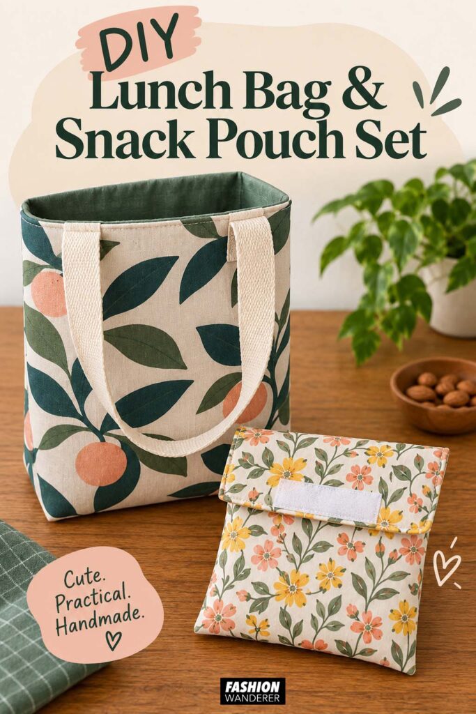 Handmade reusable lunch bag with citrus leaf print, cream webbing handles, and matching floral fabric snack pouch with hook-and-loop closure displayed on a wooden table.