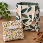 Handmade DIY lunch bag and reusable snack pouch sewn from sage green floral fabric, an easy back-to-school sewing project for beginners.