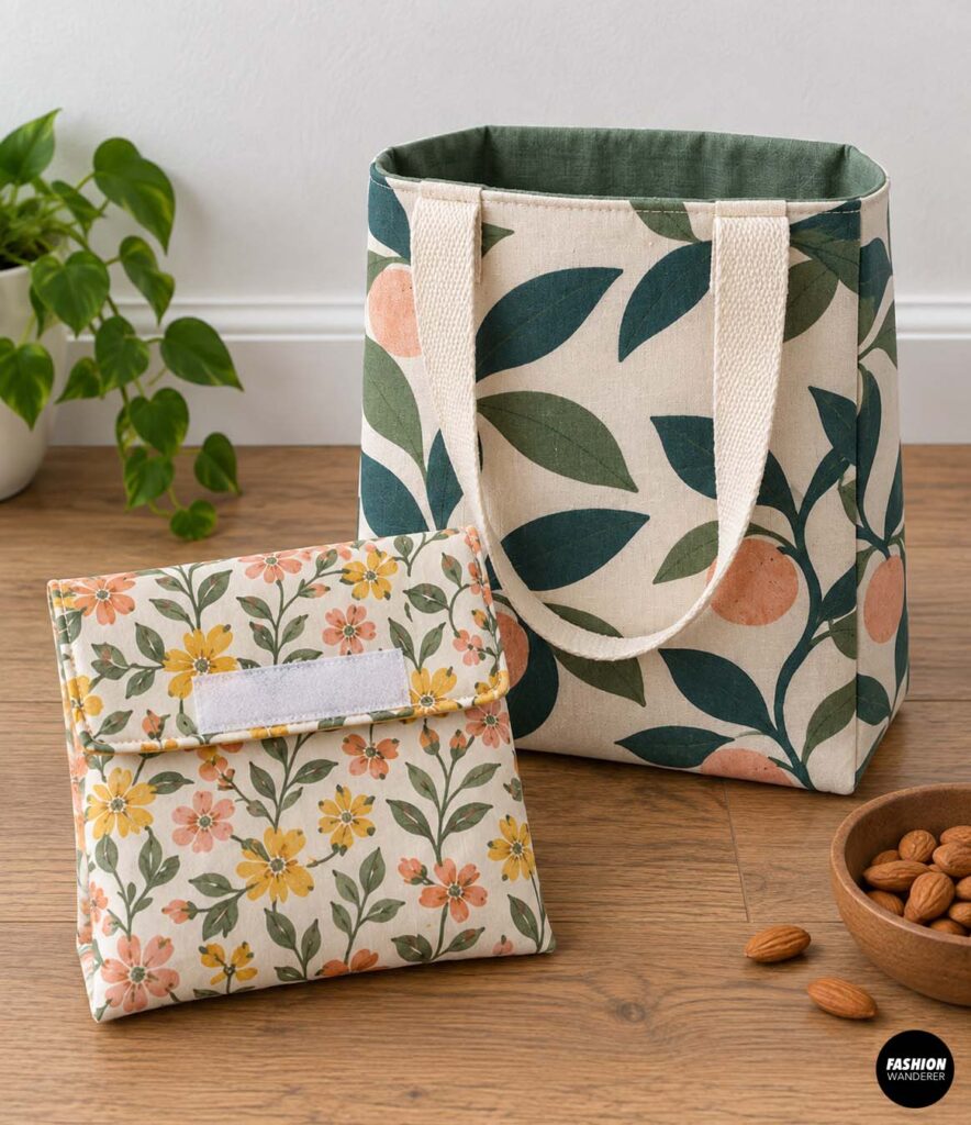 Handmade DIY lunch bag and reusable snack pouch sewn from sage green floral fabric, an easy back-to-school sewing project for beginners.