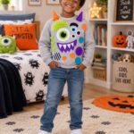 Smiling boy wearing a gray sweatshirt decorated with colorful felt monster eyes, teeth, horns, faux fur, circles, and spikes, paired with blue jeans in a playful Halloween-themed bedroom.