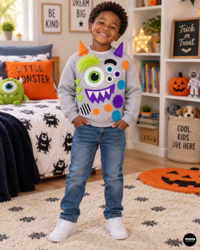 Smiling boy wearing a gray sweatshirt decorated with colorful felt monster eyes, teeth, horns, faux fur, circles, and spikes, paired with blue jeans in a playful Halloween-themed bedroom.
