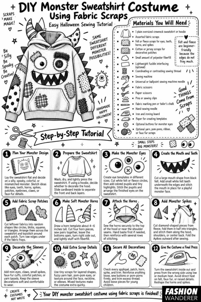 Black-and-white illustrated infographic titled &ldquo;DIY Monster Sweatshirt Costume Using Fabric Scraps,&rdquo; featuring a materials list and 12 beginner-friendly steps for creating monster eyes, teeth, horns, spikes, patches, sleeve decorations, and finishing details.
