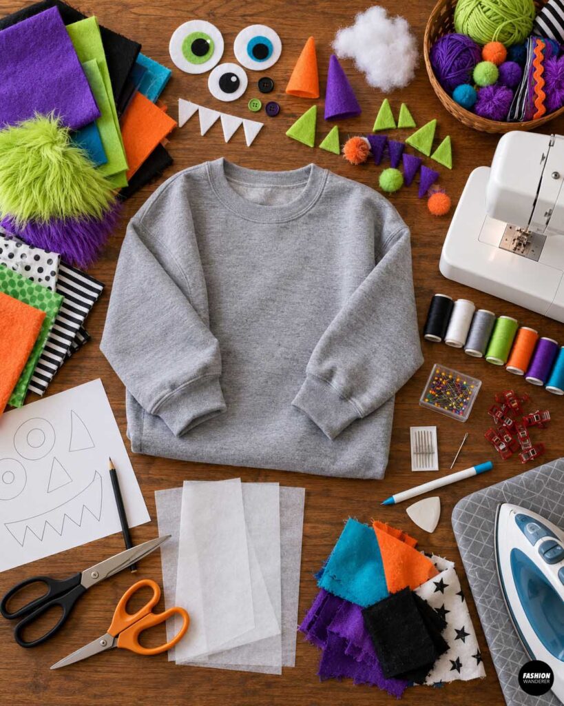 Top-down flat lay of supplies for making a monster sweatshirt costume, including a gray sweatshirt, colorful felt and fabric scraps, faux fur, monster eyes and teeth, stuffed horns, pom-poms, thread, sewing machine, scissors, pins, clips, iron, templates, and sewing tools on a wooden table.