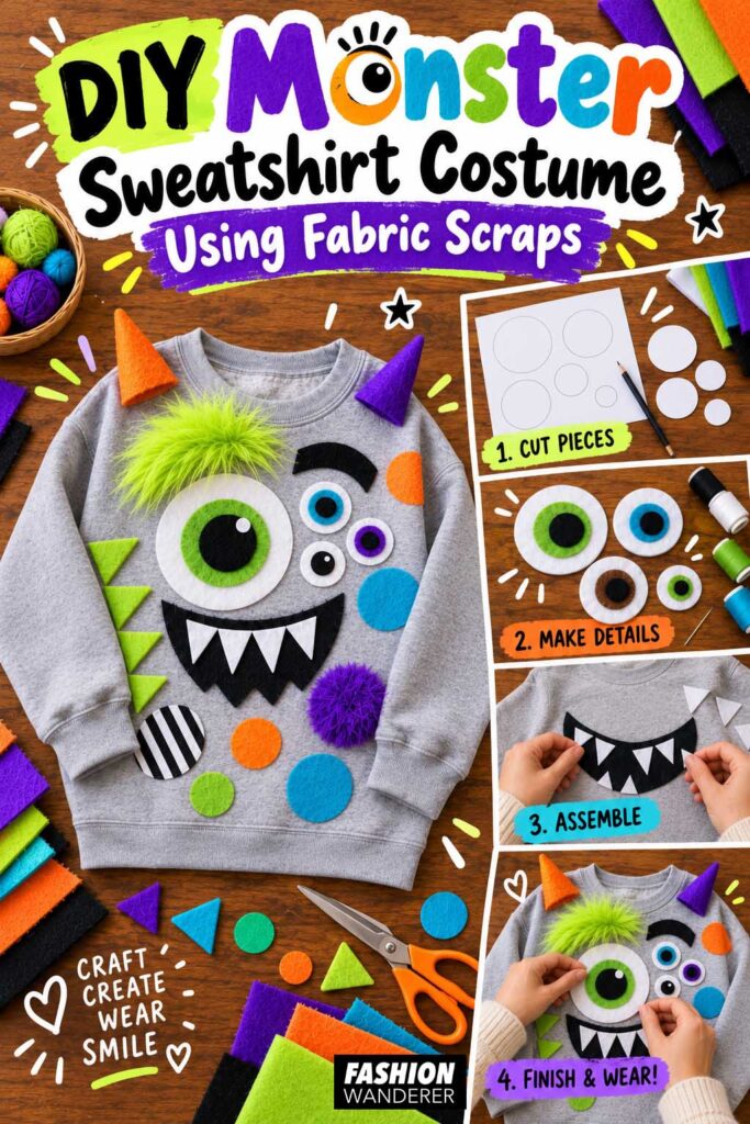 Bright vertical Pinterest graphic titled &ldquo;DIY Monster Sweatshirt Costume Using Fabric Scraps,&rdquo; showing a finished gray monster sweatshirt with colorful felt eyes, teeth, horns, faux fur, patches, and step images for cutting pieces, making details, assembling, and finishing the costume.