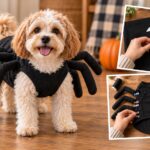 Small fluffy dog wearing a black spider Halloween costume with eight stuffed legs, shown beside inset photos of cutting a spider-leg template and attaching the legs to a black dog shirt.