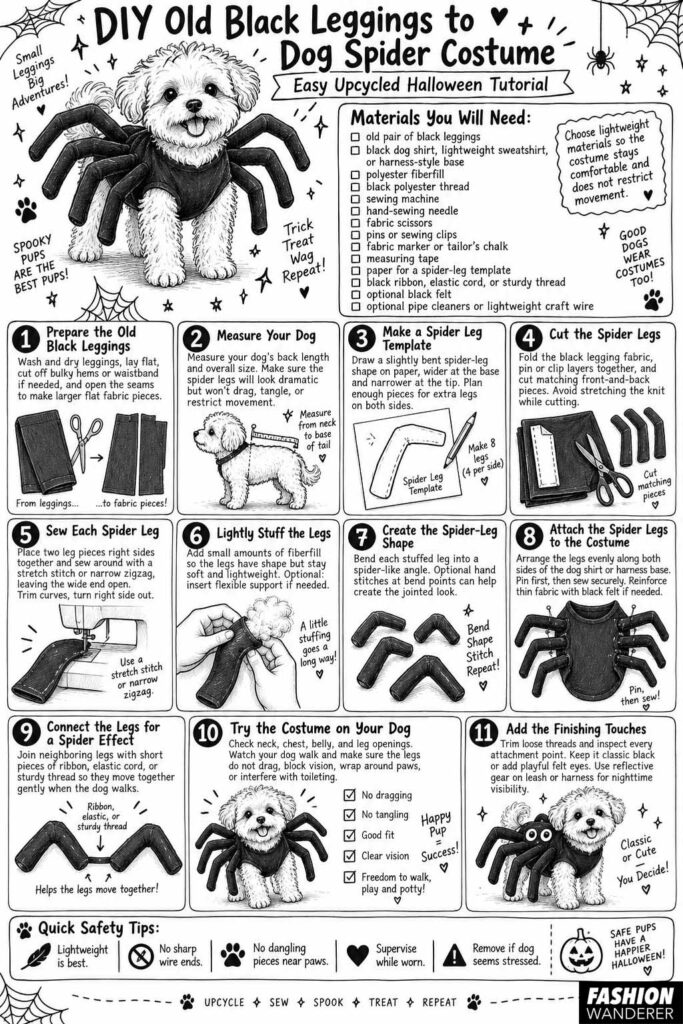 Black-and-white illustrated step-by-step infographic showing how to turn old black leggings into a dog spider Halloween costume, including materials, measuring, cutting, sewing, stuffing, attaching the legs, and checking the fit.