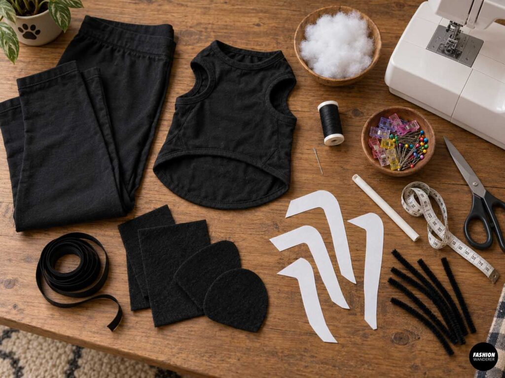 Flat lay of supplies for making a DIY dog spider costume from old black leggings, including a black dog shirt, fiberfill, thread, sewing clips, measuring tape, scissors, spider-leg paper templates, elastic, felt, and craft stems.