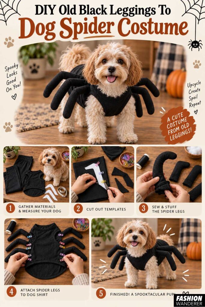 Vertical Pinterest tutorial graphic showing a small dog in a finished black spider costume with step photos for gathering materials, cutting leg templates, sewing and stuffing the spider legs, and attaching them to a dog shirt.
