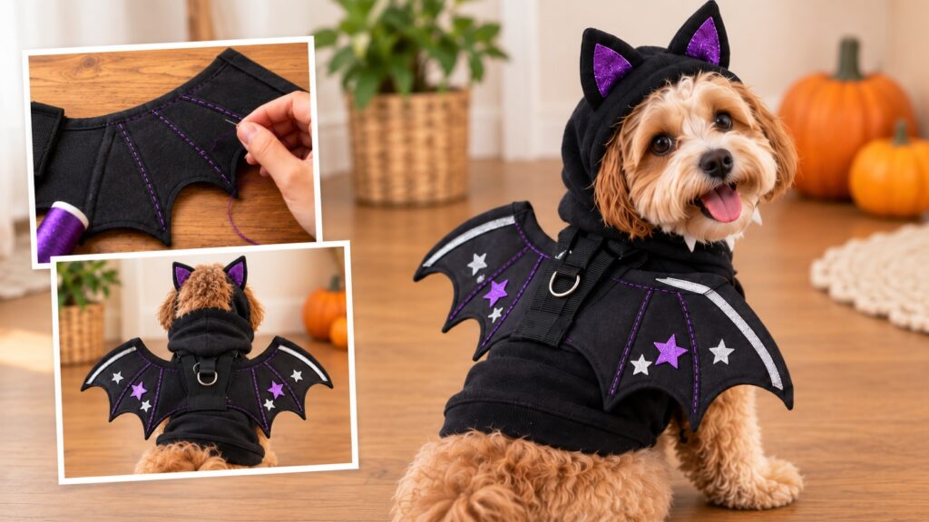 Small dog wearing a black Halloween bat wing harness made from an old T-shirt, decorated with purple stitching, glitter stars, silver trim, and paired with a black hood with purple ears, with inset photos showing the wing stitching and back view.
