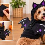 Small dog wearing a black Halloween bat wing harness made from an old T-shirt, decorated with purple stitching, glitter stars, silver trim, and paired with a black hood with purple ears, with inset photos showing the wing stitching and back view.