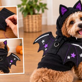 Small dog wearing a black Halloween bat wing harness made from an old T-shirt, decorated with purple stitching, glitter stars, silver trim, and paired with a black hood with purple ears, with inset photos showing the wing stitching and back view.