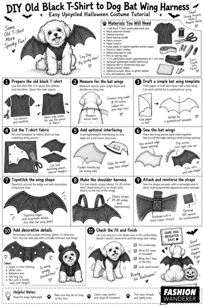 Black-and-white illustrated sewing infographic showing how to turn an old black T-shirt into a DIY dog bat wing harness, including materials, measuring, drafting the bat wing template, sewing, attaching straps, decorating, and fitting the finished Halloween pet costume.