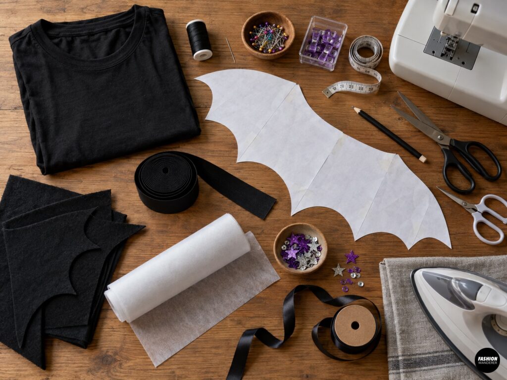 Top-down flat lay of supplies for making a DIY dog bat wing harness from an old black T-shirt, including black fabric, bat wing paper template, elastic, interfacing, ribbon, glitter stars, thread, scissors, measuring tape, pins, sewing clips, sewing machine, and iron.