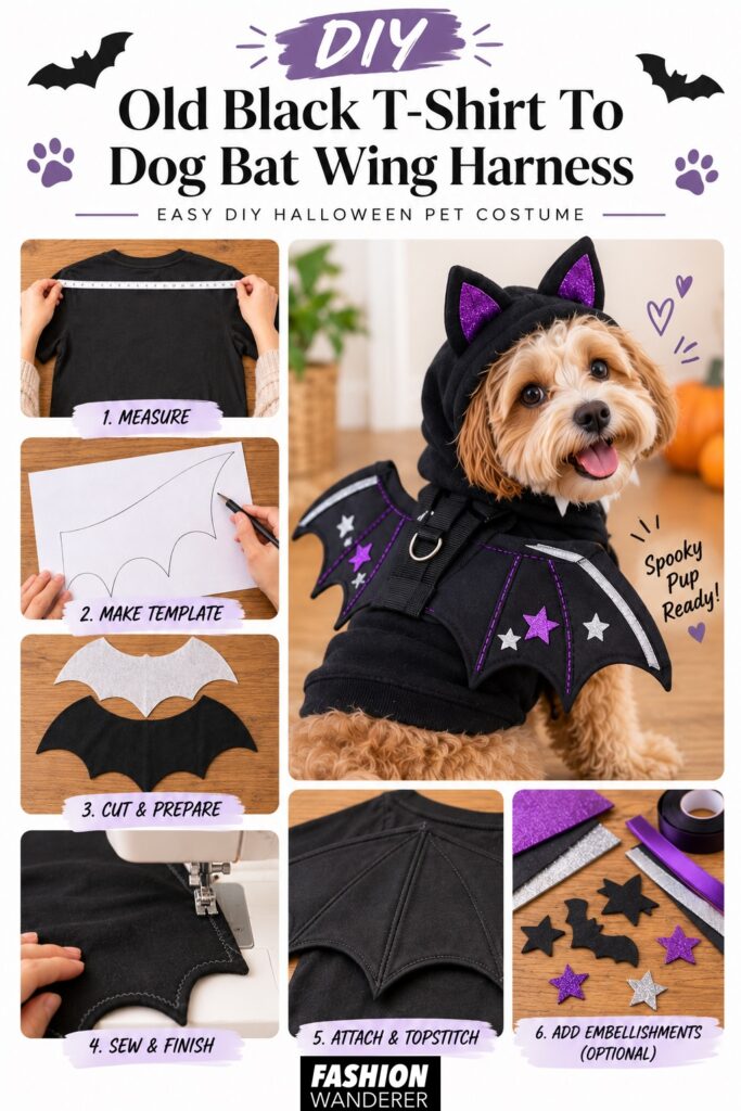 Vertical Pinterest tutorial graphic featuring a small dog wearing a black bat wing harness with purple and silver decorations, alongside step photos for measuring, making a bat wing template, cutting fabric, sewing, topstitching, and adding embellishments.