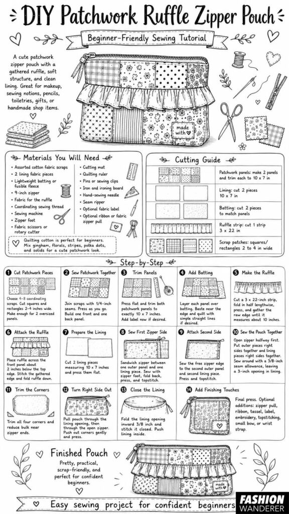 Black-and-white illustrated beginner sewing tutorial showing materials, cutting measurements, and 14 step-by-step instructions for making a patchwork ruffle zipper pouch.