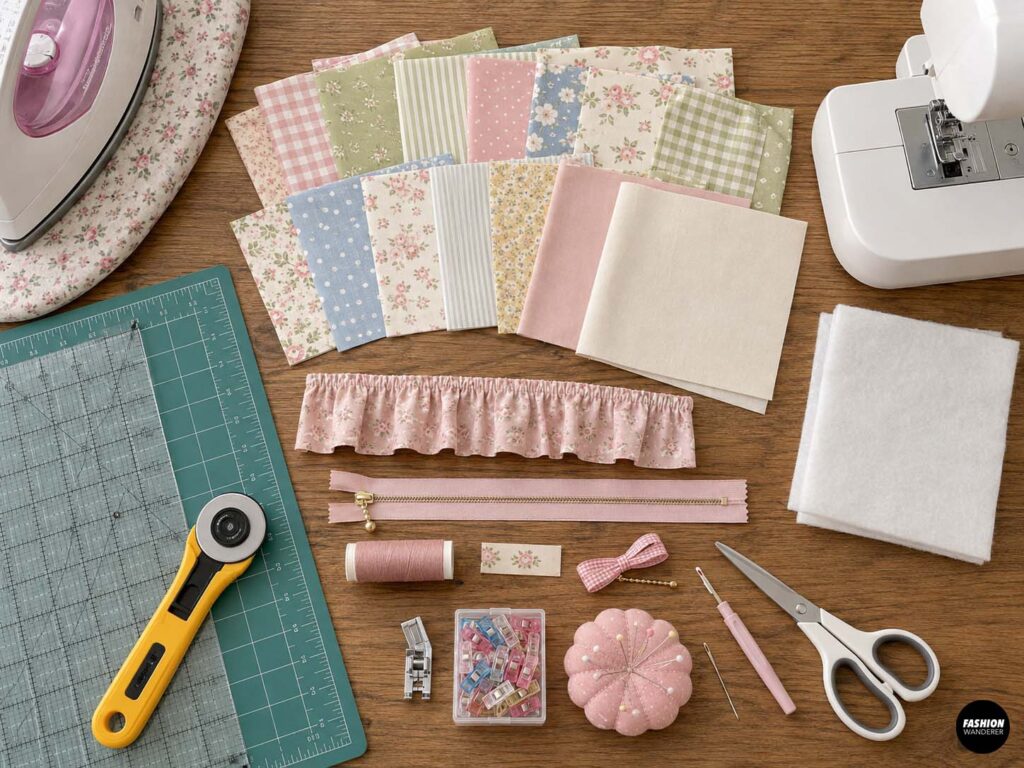 Top-down flat lay of pastel floral, gingham, striped, and polka-dot fabrics with batting, pink zipper, ruffle, thread, rotary cutter, ruler, scissors, sewing clips, iron, and sewing machine.