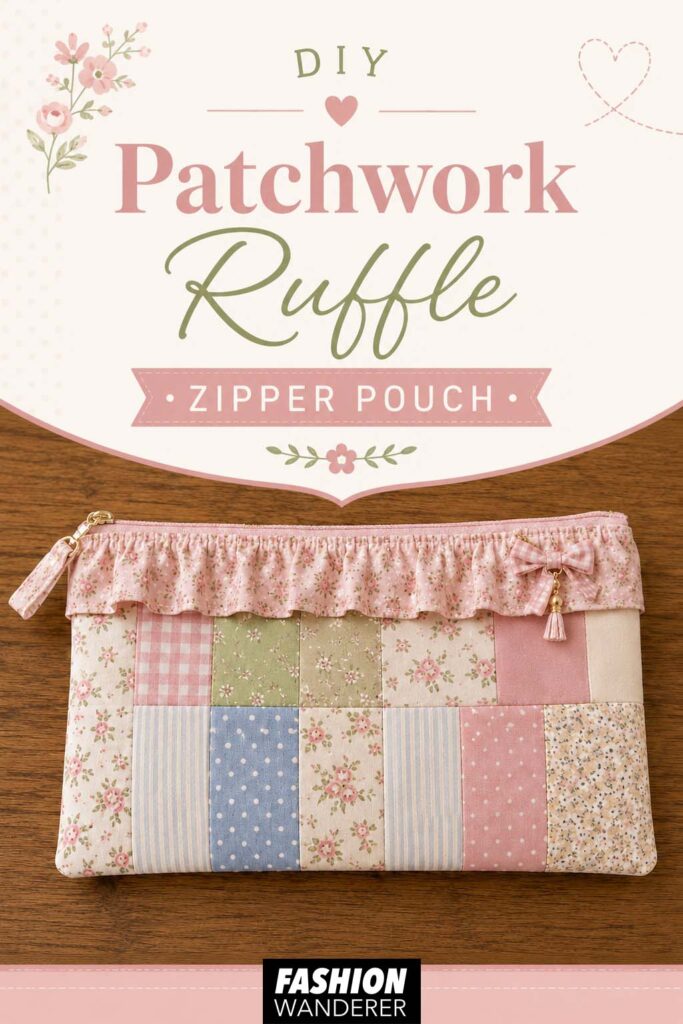 Vertical Pinterest graphic featuring a finished pastel patchwork zipper pouch with pink floral ruffle, pink zipper, gingham bow, and tassel under the title “DIY Patchwork Ruffle Zipper Pouch.”