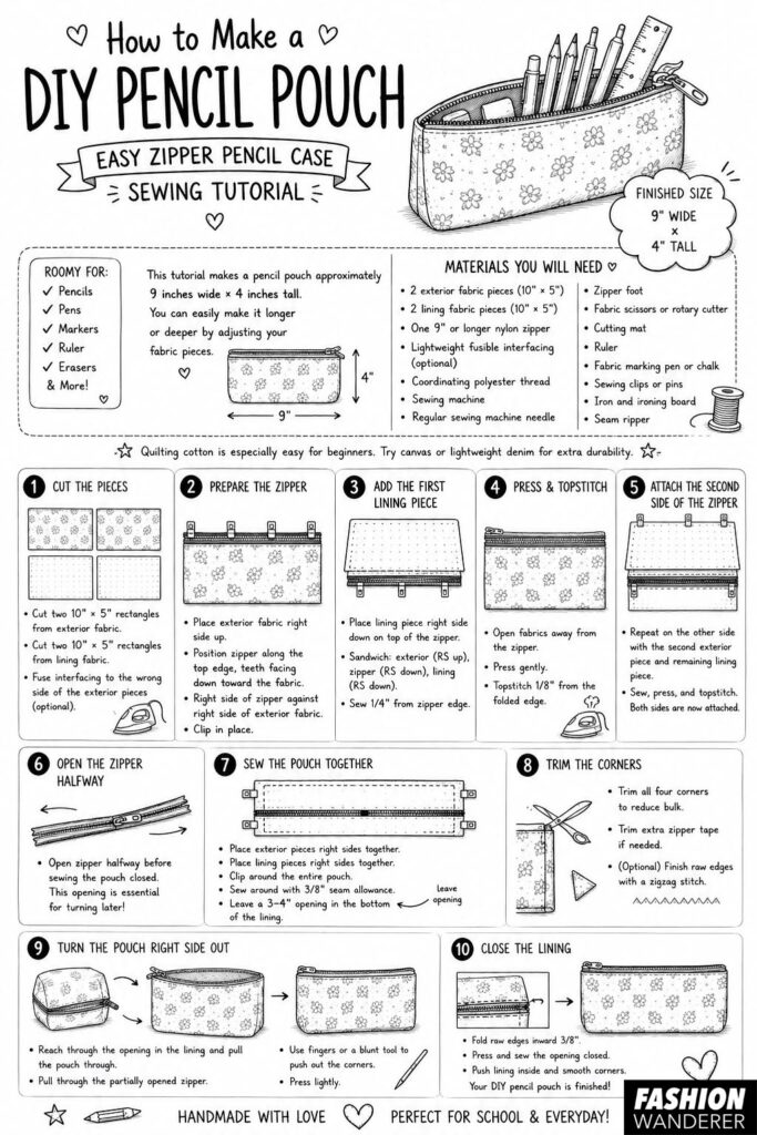 DIY pencil pouch sewing tutorial infographic with materials, finished measurements and 10 beginner-friendly steps for making a lined zipper pencil case.