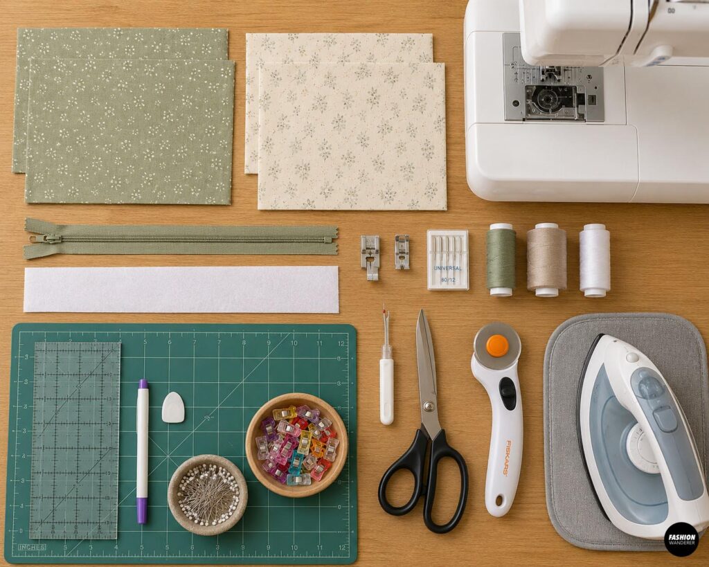 Materials and sewing supplies for a DIY zippered pencil pouch, including floral cotton fabric, lining, zipper, interfacing, thread, sewing machine, scissors, clips and iron.